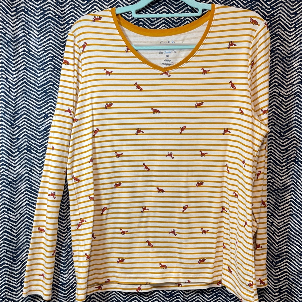 Croft & Barrow Mustard Striped Tee with Fox Detail